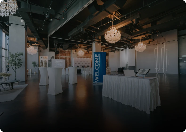 Empty event space with chandeliers